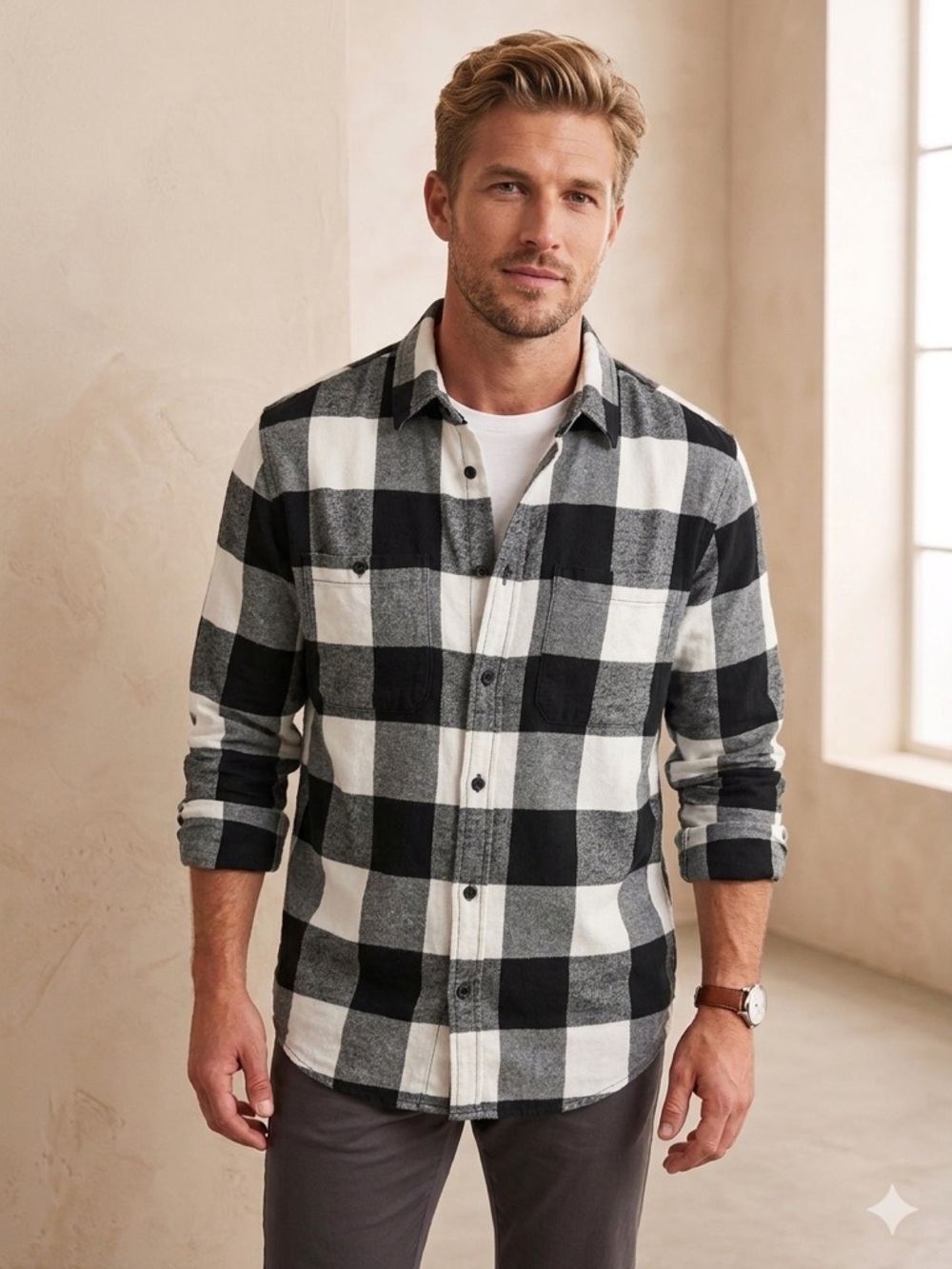 H&M Men's Black & White Buffalo Check Flannel Shirt Large